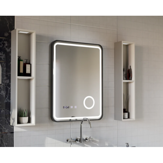 Oglinda LED Touch Ulrich Sistem Dezaburire, Ceas si Temperatura 60x80 cm Rama Negru Brushed Lupa Cosmetica