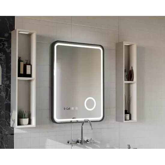 Oglinda LED Touch Ulrich Sistem Dezaburire, Ceas si Temperatura 60x80 cm Rama Negru Brushed Lupa Cosmetica Oglinda LED Touch Ulrich Sistem Dezaburire, Ceas si Temperatura 60x80 cm Rama Negru Brushed Lupa Cosmetica