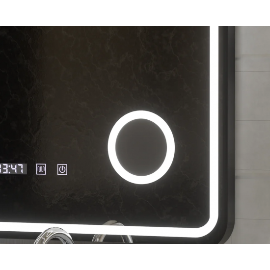 Oglinda LED Touch Ulrich Sistem Dezaburire, Ceas si Temperatura 60x80 cm Rama Negru Brushed Lupa Cosmetica