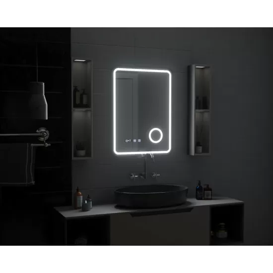Oglinda LED Touch Ulrich Sistem Dezaburire, Ceas si Temperatura 60x80 cm Rama Negru Brushed Lupa Cosmetica Oglinda LED Touch Ulrich Sistem Dezaburire, Ceas si Temperatura 60x80 cm Rama Negru Brushed Lupa Cosmetica