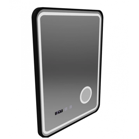 Oglinda LED Touch Ulrich Sistem Dezaburire, Ceas si Temperatura 60x80 cm Rama Negru Brushed Lupa Cosmetica