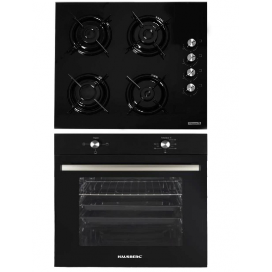 Pachet Incorporabil Hausberg Cuptor electric HB-8051NG, Clasa A, 76L, 2000W, Negru, Plita HB-563NG, 4 arzatoare, Gaz, Sticla