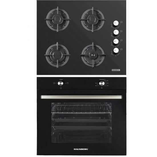 Pachet Incorporabil Cuptor electric Hausberg HB-8051NG, Clasa A, 76L, 2000W, Negru, Plita incorporabila HB-567NG, Gaz, 4 arzatoare, Sistem de siguranta GAZ, Gratar din fonta, Material Sticla, Negru