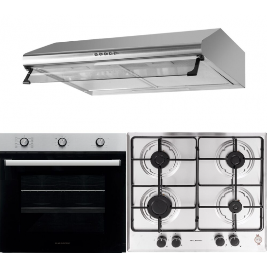 Pachet incorporabil Hausberg Cuptor electric HB-8053IN, Clasa A, 71L, 2225W, Negru/Inox, Plita Incorporabila HB-555, 4 arzatoare, Gaz, Inox, Hota incorporabila decorativa HB-1220, Putere de absorbtie 450 m3/h, 2 motoare, 60 cm, Inox