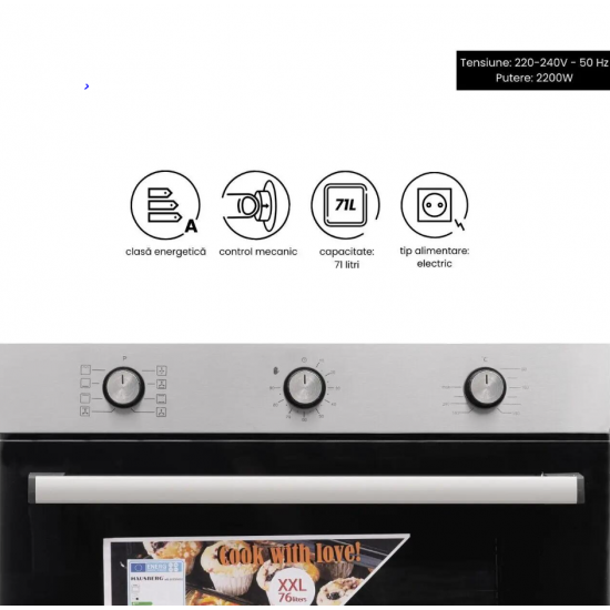 Pachet incorporabil Hausberg Cuptor electric HB-8053IN, Clasa A, 71L, 2225W, Negru/Inox, Plita Incorporabila HB-555, 4 arzatoare, Gaz, Inox, Hota incorporabila decorativa HB-1220, Putere de absorbtie 450 m3/h, 2 motoare, 60 cm, Inox