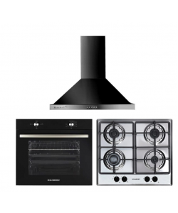 Pachet incorporabil Hausberg HB-8051NG, electric, 2000 W, 76 l, 4 functii, plita HB-555, aprindere electrica, gaz, 4 arzatoare, sistem siguranta, hota decorativa HB-1260NG, 400 m3/h, 1 motor, 60 cm, Clasa A, Negru