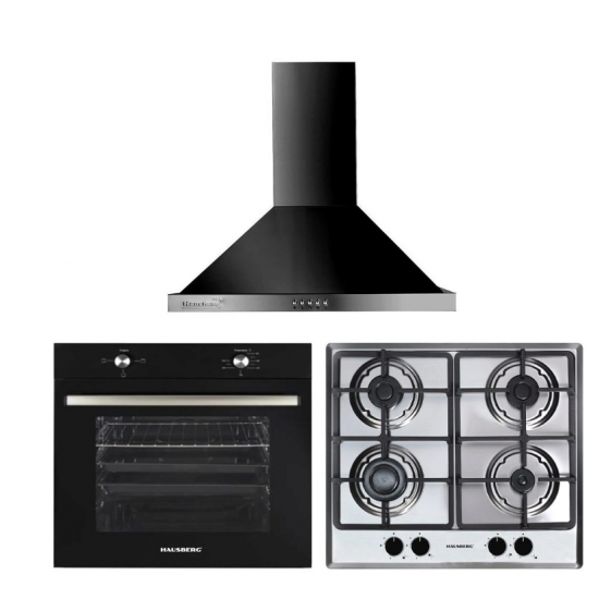 Pachet incorporabil Hausberg HB-8051NG, electric, 2000 W, 76 l, 4 functii, plita HB-555, aprindere electrica, gaz, 4 arzatoare, sistem siguranta, hota decorativa HB-1260NG, 400 m3/h, 1 motor, 60 cm, Clasa A, Negru
