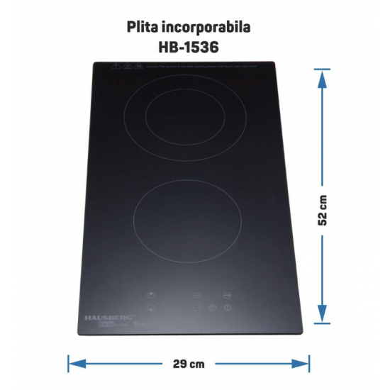 Plita incorporabila HAUSBERG HB-1536, Vitroceramica, 2 zone de gatit, 9 trepte de putere, 3200 W, Touch control, Timer, Sticla Neagra