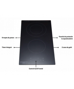 Plita incorporabila HAUSBERG HB-1536, Vitroceramica, 2 zone de gatit, 9 trepte de putere, 3200 W, Touch control, Timer, Sticla Neagra