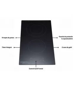 Plita incorporabila HAUSBERG HB-1536, Vitroceramica, 2 zone de gatit, 9 trepte de putere, 3200 W, Touch control, Timer, Sticla Neagra Plita incorporabila HAUSBERG HB-1536, Vitroceramica, 2 zone de gatit, 9 trepte de putere, 3200 W, Touch control, Timer, Sticla Neagra