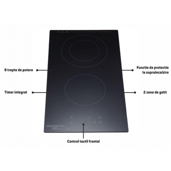Plita incorporabila HAUSBERG HB-1536, Vitroceramica, 2 zone de gatit, 9 trepte de putere, 3200 W, Touch control, Timer, Sticla Neagra