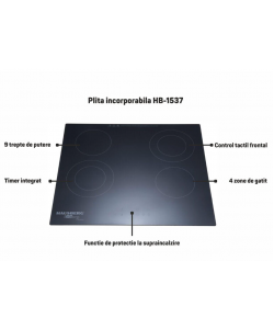 Plita incorporabila HAUSBERG HB-1537, Vitroceramica, 4 zone de gatit, 9 trepte de putere, 3200 W, Touch control, Timer, Sticla Neagra
