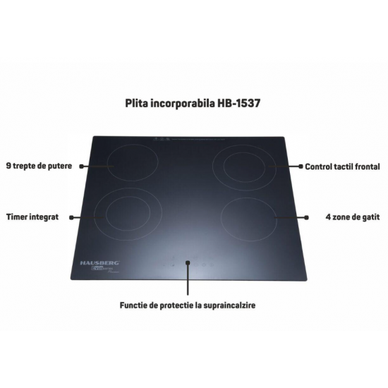 Plita incorporabila HAUSBERG HB-1537, Vitroceramica, 4 zone de gatit, 9 trepte de putere, 3200 W, Touch control, Timer, Sticla Neagra