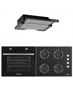 Pachet incorporabil HAUSBERG Cuptor HB-8051NG, Electric, 2000 W, 76 l, 4 Functii, Clasa A, Plita HB-567NG, Gaz, 4 arzatoare, Sistem de siguranta GAZ, Gratar din fonta, Sticla, Hota telescopica HB-1285NG, 420 m3/h, 2 motoare, 60 cm, Negru
