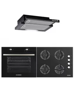 Pachet incorporabil HAUSBERG Cuptor HB-8051NG, Electric, 2000 W, 76 l, 4 Functii, Clasa A, Plita HB-567NG, Gaz, 4 arzatoare, Sistem de siguranta GAZ, Gratar din fonta, Sticla, Hota telescopica HB-1285NG, 420 m3/h, 2 motoare, 60 cm, Negru
