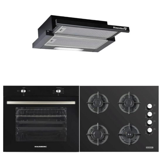 Pachet incorporabil HAUSBERG Cuptor HB-8051NG, Electric, 2000 W, 76 l, 4 Functii, Clasa A, Plita HB-567NG, Gaz, 4 arzatoare, Sistem de siguranta GAZ, Gratar din fonta, Sticla, Hota telescopica HB-1285NG, 420 m3/h, 2 motoare, 60 cm, Negru