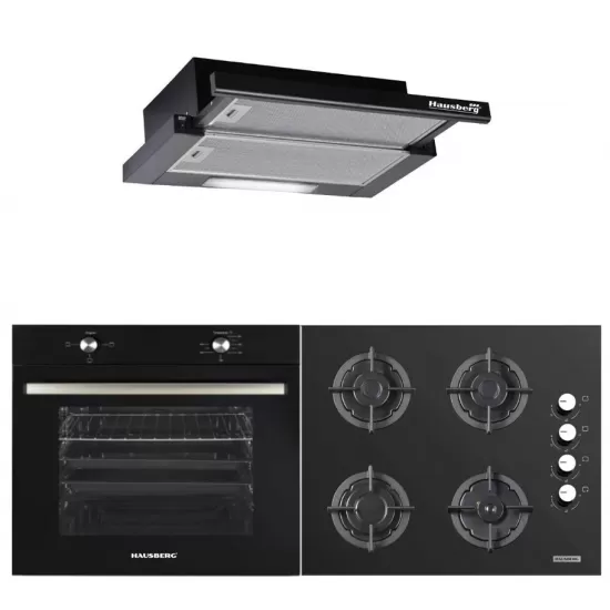 Pachet incorporabil HAUSBERG Cuptor HB-8051NG, Electric, 2000 W, 76 l, 4 Functii, Clasa A, Plita HB-567NG, Gaz, 4 arzatoare, Sistem de siguranta GAZ, Gratar din fonta, Sticla, Hota telescopica HB-1285NG, 420 m3/h, 2 motoare, 60 cm, Negru Pachet incorporabil HAUSBERG Cuptor HB-8051NG, Electric, 2000 W, 76 l, 4 Functii, Clasa A, Plita HB-567NG, Gaz, 4 arzatoare, Sistem de siguranta GAZ, Gratar din fonta, Sticla, Hota telescopica HB-1285NG, 420 m3/h, 2 motoare, 60 cm, Negru