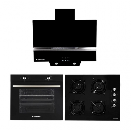 Pachet Incorporabil Cuptor electric Hausberg HB-8051NG, Clasa A, 76L, 2000W, Negru,Plita incorporabila Hausberg HB-563, Gaz, 4 arzatoare, Negru, Hota Incorporabila decorativa HB-1830NG, 60 cm, Filtru aluminiu, motor eco 450m3/h, Negru