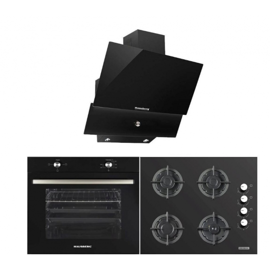 Pachet incorporabil Hausberg cuptor HB-8051NG, electric, 2000 W, 76 l, 4 functii, plita HB-567NG, Gaz, 4 arzatoare, sistem de siguranta, fonta, Sticla, hota decorativa HB-2285NG, 163W , filtru aluminiu, absorbtie maxim 650 m3/h, 60 cm, Clasa A, Negru