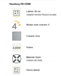 Plita incorporabila Hausberg HB-556IN, Gaz, 4 arzatoare, Sistem siguranta GAZ, Gratar din fonta - Inox