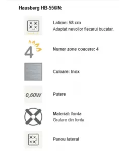 Plita incorporabila Hausberg HB-556IN, Gaz, 4 arzatoare, Sistem siguranta GAZ, Gratar din fonta - Inox Plita incorporabila Hausberg HB-556IN, Gaz, 4 arzatoare, Sistem siguranta GAZ, Gratar din fonta - Inox