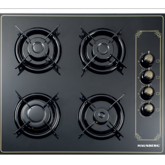 Plita Incorporabila Rustica Hausberg HB-575RST, 4 arzatoare, Gaz, 60 cm - Negru