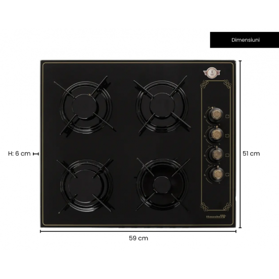 Plita Incorporabila Rustica Hausberg HB-575RST, 4 arzatoare, Gaz, 60 cm - Negru