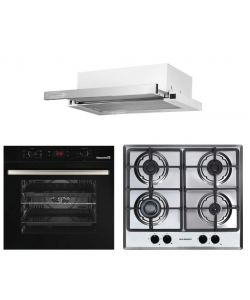 Pachet incorporabil HAUSBERG Cuptor electric HB-8054NG, Capacitate 71L, 2225W, 7 functii, convectie, plita gaz HB-555, 4 arzatoare, hota telescopic HB-1285IN, 420 m3/h absorbtie, 2 motoare, Negru-Inox