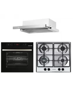 Pachet incorporabil HAUSBERG Cuptor electric HB-8054NG, Capacitate 71L, 2225W, 7 functii, convectie, plita gaz HB-555, 4 arzatoare, hota telescopic HB-1285IN, 420 m3/h absorbtie, 2 motoare, Negru-Inox
