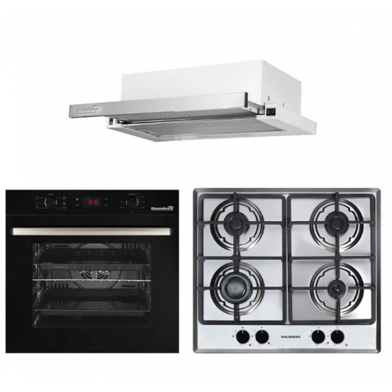 Pachet incorporabil HAUSBERG Cuptor electric HB-8054NG, Capacitate 71L, 2225W, 7 functii, convectie, plita gaz HB-555, 4 arzatoare, hota telescopic HB-1285IN, 420 m3/h absorbtie, 2 motoare, Negru-Inox