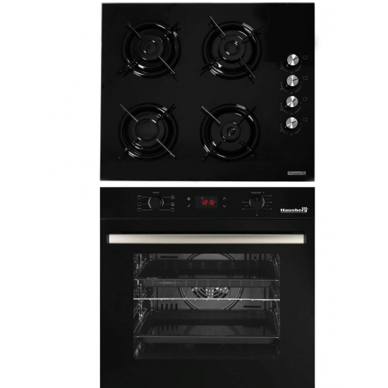 Pachet Incorporabil Hausberg Cuptor electric HB-8054NG, Clasa A, 71L, 2225W, Negru, Plita Incorporabila HB-563NG, 4 arzatoare, Gaz, Sticla, Negru