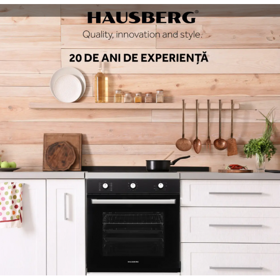 Cuptor incorporabil Hausberg HB-8053NG, Electric, Putere 2225 W, 71 l, 6 Functii, Ventilatie, Timer, Clasa A, Negru