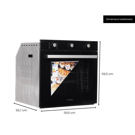 Cuptor incorporabil Hausberg HB-8053NG, Electric, Putere 2225 W, 71 l, 6 Functii, Ventilatie, Timer, Clasa A, Negru