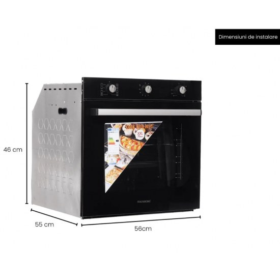 Cuptor incorporabil Hausberg HB-8053NG, Electric, Putere 2225 W, 71 l, 6 Functii, Ventilatie, Timer, Clasa A, Negru