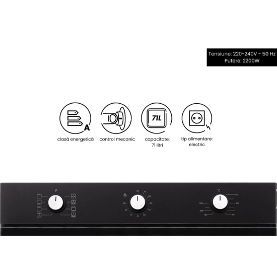 Cuptor incorporabil Hausberg HB-8053NG, Electric, Putere 2225 W, 71 l, 6 Functii, Ventilatie, Timer, Clasa A, Negru