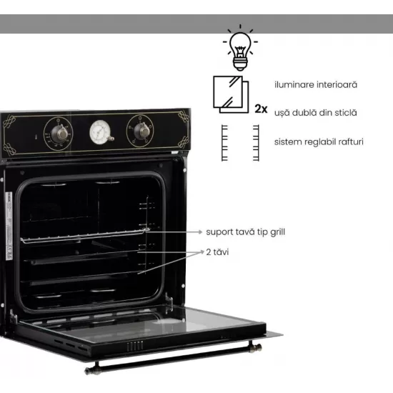 Cuptor incorporabil Hausberg HB-8055RST, Electric, Putere 1600 W, 57 l, 4 Functii, Ventilatie, Timer, Clasa A, Negru/Auriu Cuptor incorporabil Hausberg HB-8055RST, Electric, Putere 1600 W, 57 l, 4 Functii, Ventilatie, Timer, Clasa A, Negru/Auriu