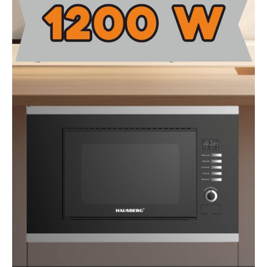 Cuptor cu microunde incorporabil HAUSBERG HB-8065NG, 20 litri, 1200 W, 6 nivele de putere, 8 programe automate, control mecanic, decongelare, timer, sistem blocare copii, negru