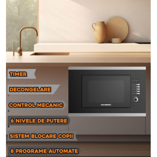 Cuptor cu microunde incorporabil HAUSBERG HB-8065NG, 20 litri, 1200 W, 6 nivele de putere, 8 programe automate, control mecanic, decongelare, timer, sistem blocare copii, negru