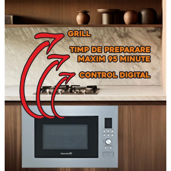 Cuptor cu microunde incorporabil Hausberg HB-8070IN, 25 l, 1400 W, Grill, Control digital, Argintiu