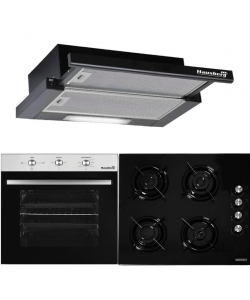 Pachet HAUSBERG Basic Style Black, Cuptor electric Incorporabil HB8052, Clasa A, 71L, 2000W, Negru/Inox, Plita Incorporabila HB563NG, 4 arzatoare, Gaz, Sticla, Negru, Hota incorporabila telescopica HB1285NG, Putere de absorbtie 420 m3/h, 2 motoare