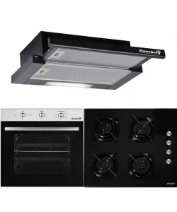 Pachet HAUSBERG Basic Style Black, Cuptor electric Incorporabil HB8052, Clasa A, 71L, 2000W, Negru/Inox, Plita Incorporabila HB563NG, 4 arzatoare, Gaz, Sticla, Negru, Hota incorporabila telescopica HB1285NG, Putere de absorbtie 420 m3/h, 2 motoare