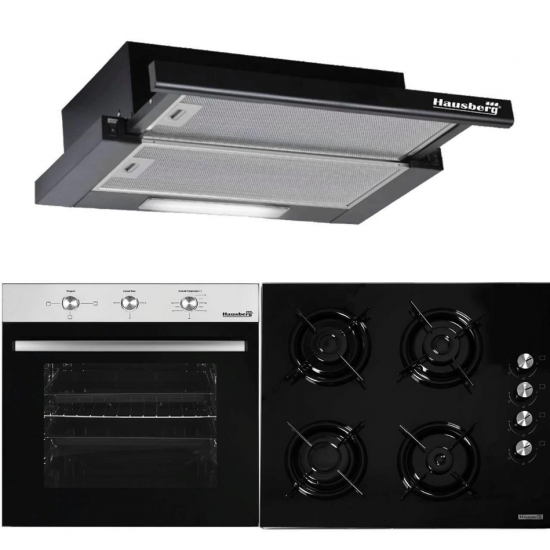 Pachet HAUSBERG Basic Style Black, Cuptor electric Incorporabil HB8052, Clasa A, 71L, 2000W, Negru/Inox, Plita Incorporabila HB563NG, 4 arzatoare, Gaz, Sticla, Negru, Hota incorporabila telescopica HB1285NG, Putere de absorbtie 420 m3/h, 2 motoare