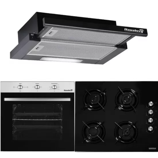 Pachet HAUSBERG Basic Style Black, Cuptor electric Incorporabil HB8052, Clasa A, 71L, 2000W, Negru/Inox, Plita Incorporabila HB563NG, 4 arzatoare, Gaz, Sticla, Negru, Hota incorporabila telescopica HB1285NG, Putere de absorbtie 420 m3/h, 2 motoare Pachet HAUSBERG Basic Style Black, Cuptor electric Incorporabil HB8052, Clasa A, 71L, 2000W, Negru/Inox, Plita Incorporabila HB563NG, 4 arzatoare, Gaz, Sticla, Negru, Hota incorporabila telescopica HB1285NG, Putere de absorbtie 420 m3/h, 2 motoare