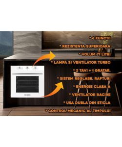 Cuptor incorporabil Hausberg , Putere 2225 W, Electric, 71 l, 6 Functii, Ventilatie, Timer, Clasa A, Alb