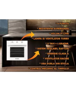 Cuptor incorporabil Hausberg , Putere 2225 W, Electric, 71 l, 6 Functii, Ventilatie, Timer, Clasa A, Alb Cuptor incorporabil Hausberg , Putere 2225 W, Electric, 71 l, 6 Functii, Ventilatie, Timer, Clasa A, Alb