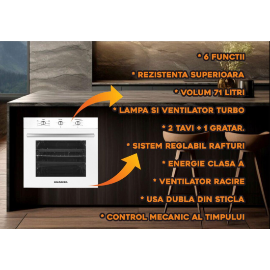 Cuptor incorporabil Hausberg , Putere 2225 W, Electric, 71 l, 6 Functii, Ventilatie, Timer, Clasa A, Alb