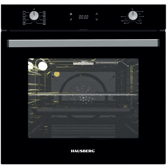 Cuptor electric incorporabil Hausberg HB-8054NG, Clasa A, volum 71L, putere 2225W, panou sticla termoizolant, termostat, timer, 7 functii, ventilatie, Negru