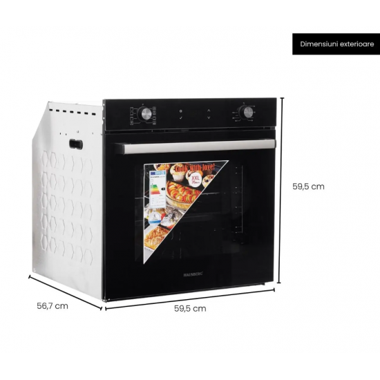 Cuptor electric incorporabil Hausberg HB-8054NG, Clasa A, volum 71L, putere 2225W, panou sticla termoizolant, termostat, timer, 7 functii, ventilatie, Negru