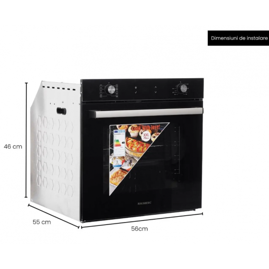 Cuptor electric incorporabil Hausberg HB-8054NG, Clasa A, volum 71L, putere 2225W, panou sticla termoizolant, termostat, timer, 7 functii, ventilatie, Negru