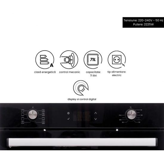 Cuptor electric incorporabil Hausberg HB-8054NG, Clasa A, volum 71L, putere 2225W, panou sticla termoizolant, termostat, timer, 7 functii, ventilatie, Negru